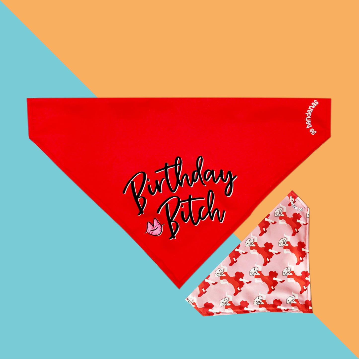 Go Bandanas Reversible Birthday Bitch (Red) & Dancing Queen (Pink) Adjustable Bandana for Pet Dogs