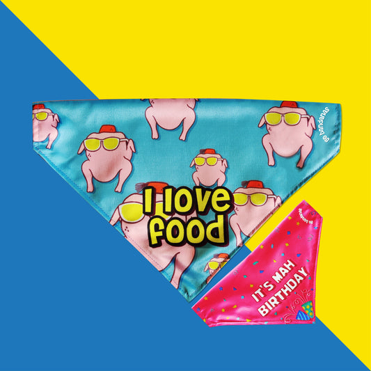 Go Bandanas Reversible It's Mah Birthday (Pink) & I Love Food (Blue) Adjustable Bandana for Pet Dogs & Cats