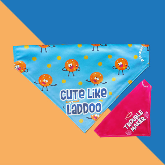 Go Bandanas Reversible Cute Like Laddoo (Blue) & Trouble Maker (Pink) Adjustable Bandana for Pet Dogs & Cats