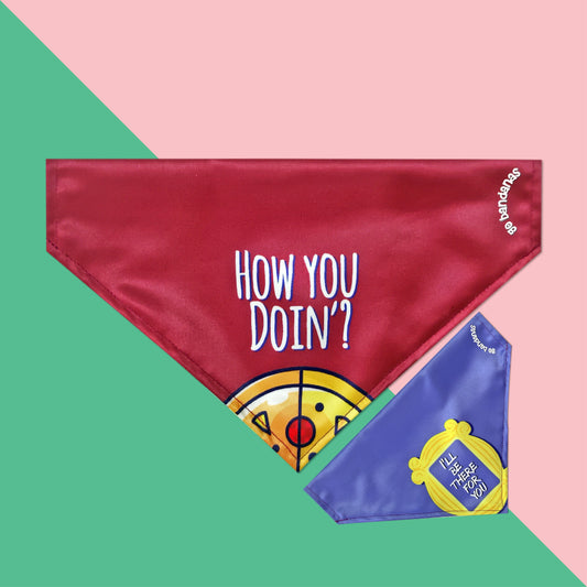 Go Bandanas F.R.I.E.N.D.S Theme Reversible Bandana for Dogs & Cats - How You Doin' (Red) & I'll Be There for You (Purple)