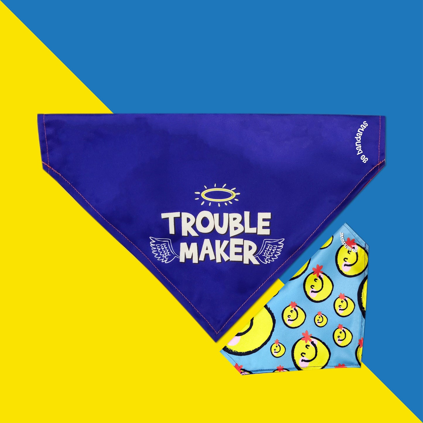 Go Bandanas Reversible Trouble Maker (Blue) & Contagious Smile (Yellow) Adjustable Bandana for Pet Dogs & Cats