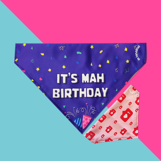 Go Bandanas Reversible It's Mah Birthday (Purple) & Heart It (Pink) Adjustable Bandana for Pet Dogs & Cats