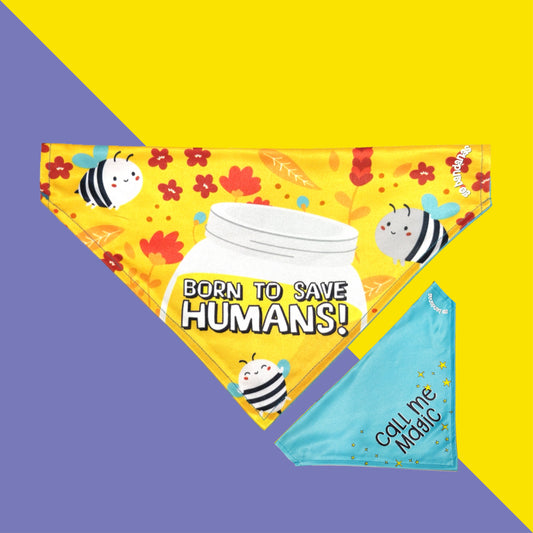 Go Bandanas Reversible Born to Save Humans (Yellow) & Call Me Magic (Blue) Adjustable Bandana for Pet Dogs & Cats