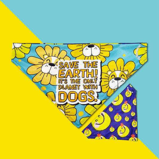 Go Bandanas Reversible Save The Earth (Yellow) & Contagious Smile (Blue) Adjustable Bandana for Pet Dogs