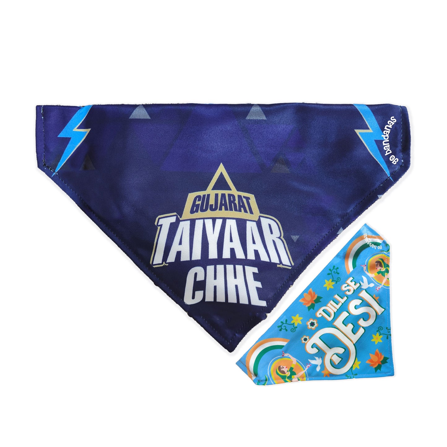 Go Bandanas Reversible Indian Pet League (IPL) Gujarat Taiyaar Chhe (Blue) & Dill Se Desi (Multi Colour) Bandana for Pet Dogs & Cats