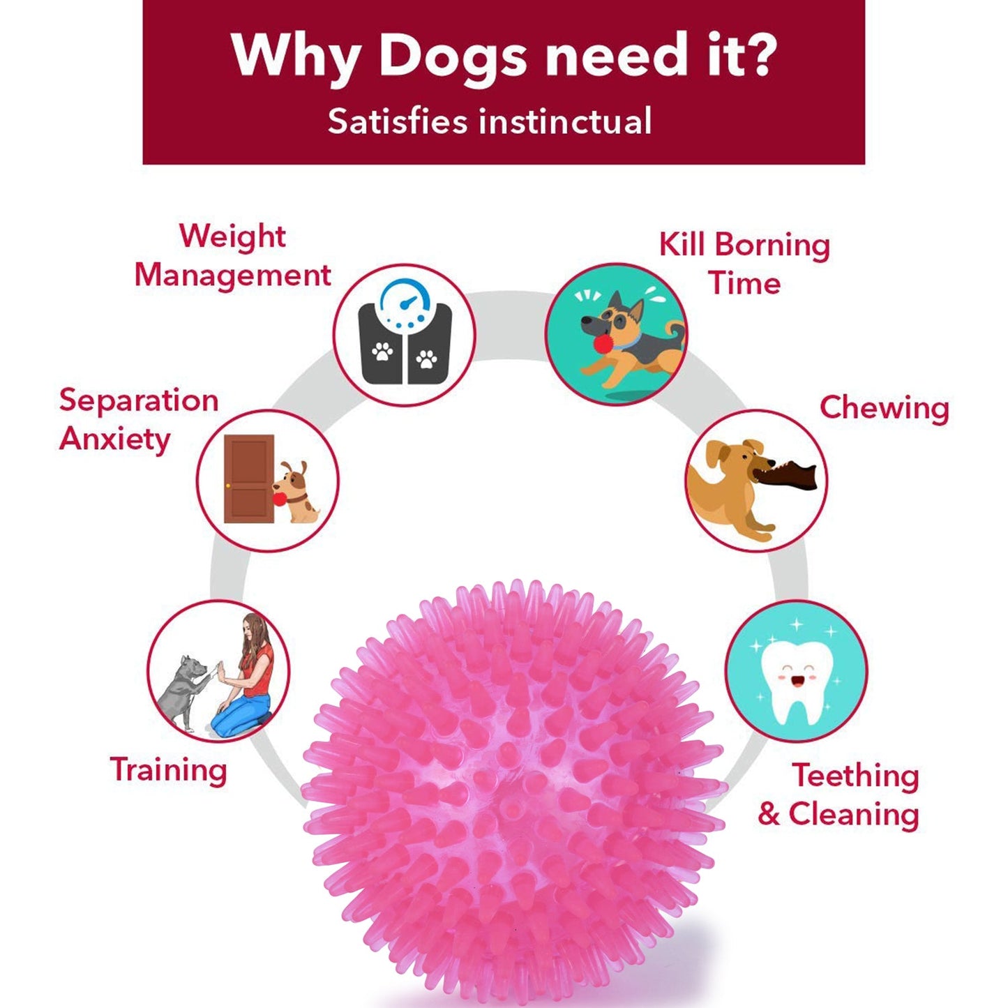 BASIL Spiked Squeaky Chew Ball for Dogs & Puppies (Pink)