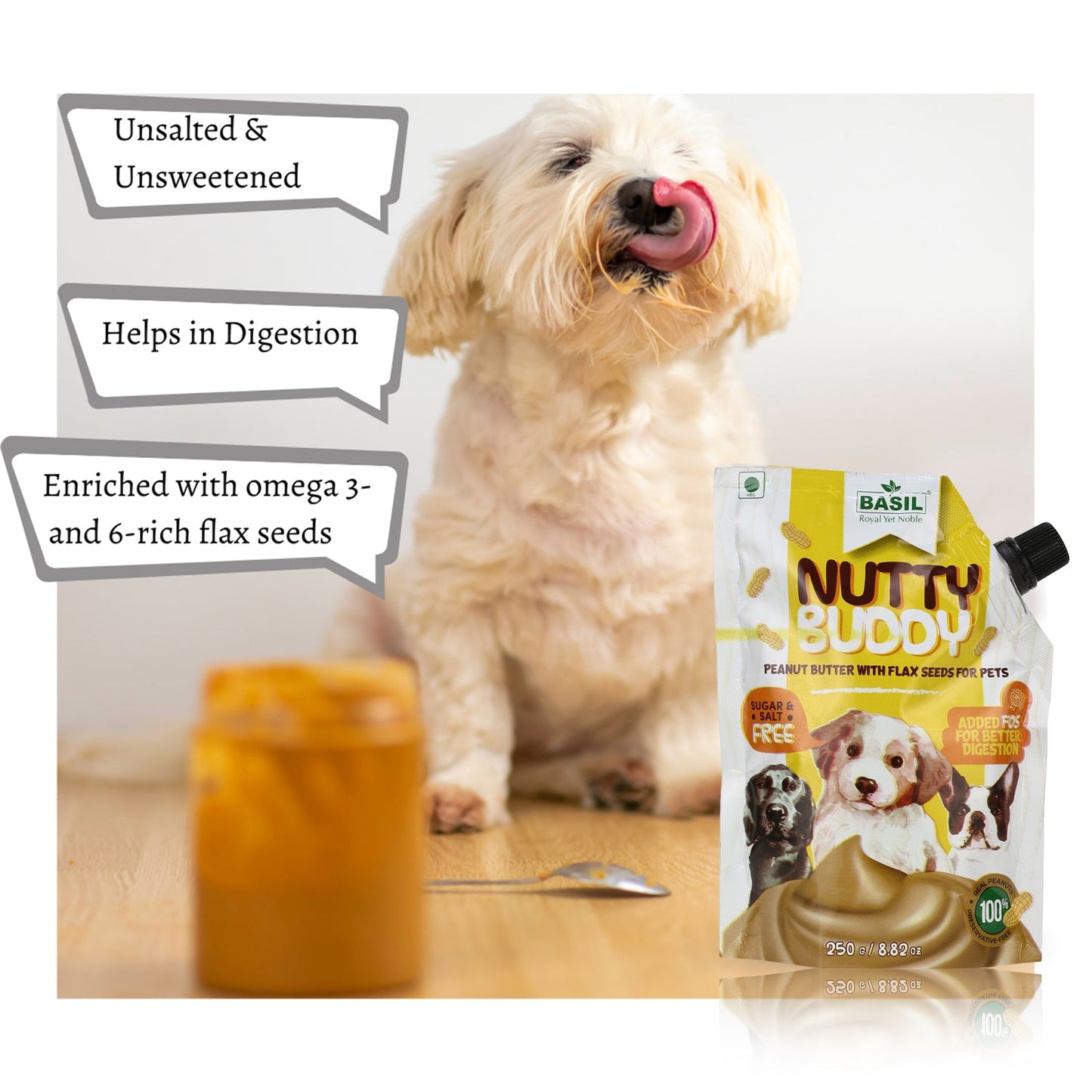 BASIL Nutty Buddy Peanut Butter with Flex Seeds Treat for Dogs & Puppies (250 Grams)