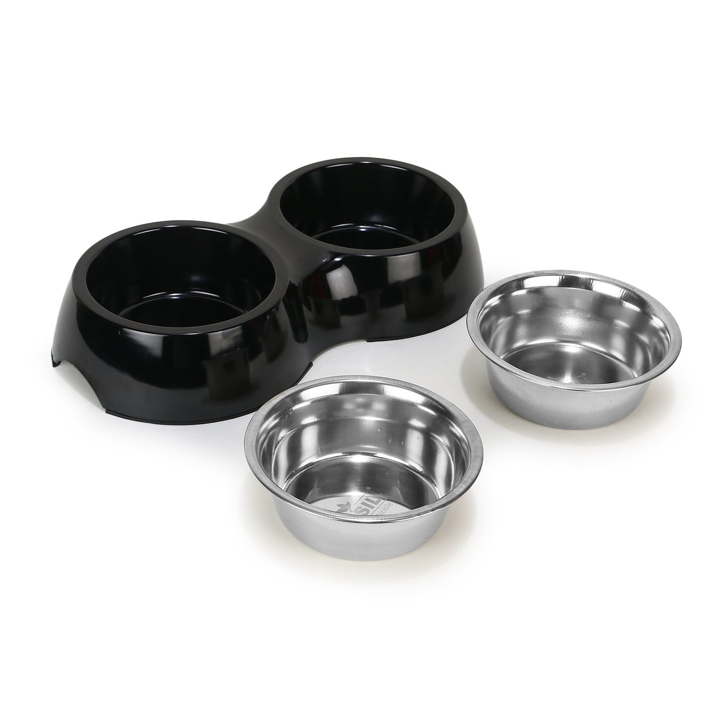 BASIL Melamine Double Dinner Set Pet Feeding Bowls for Food and Water (Black)