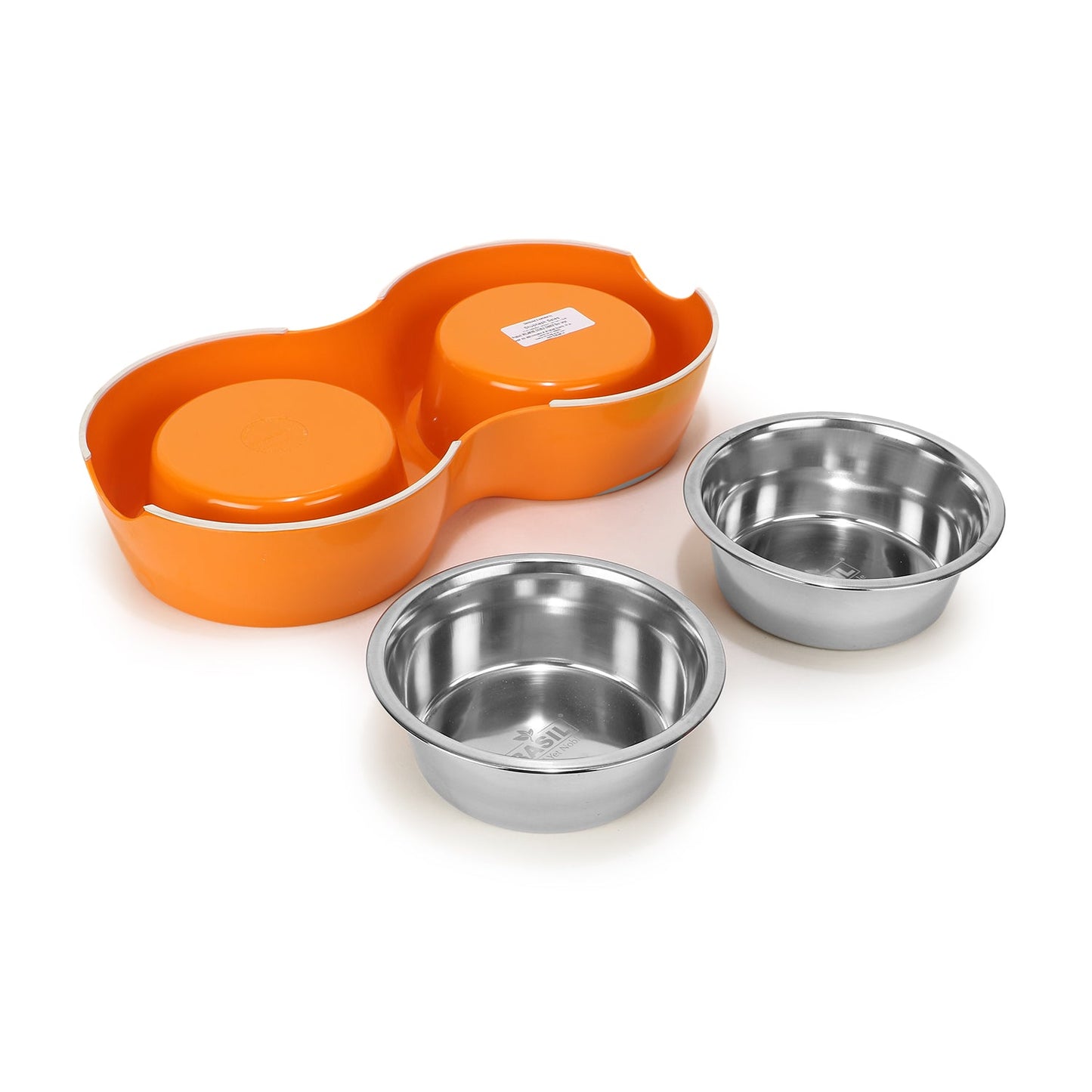 BASIL Melamine Double Dinner Set Pet Feeding Bowls for food and water (Orange)