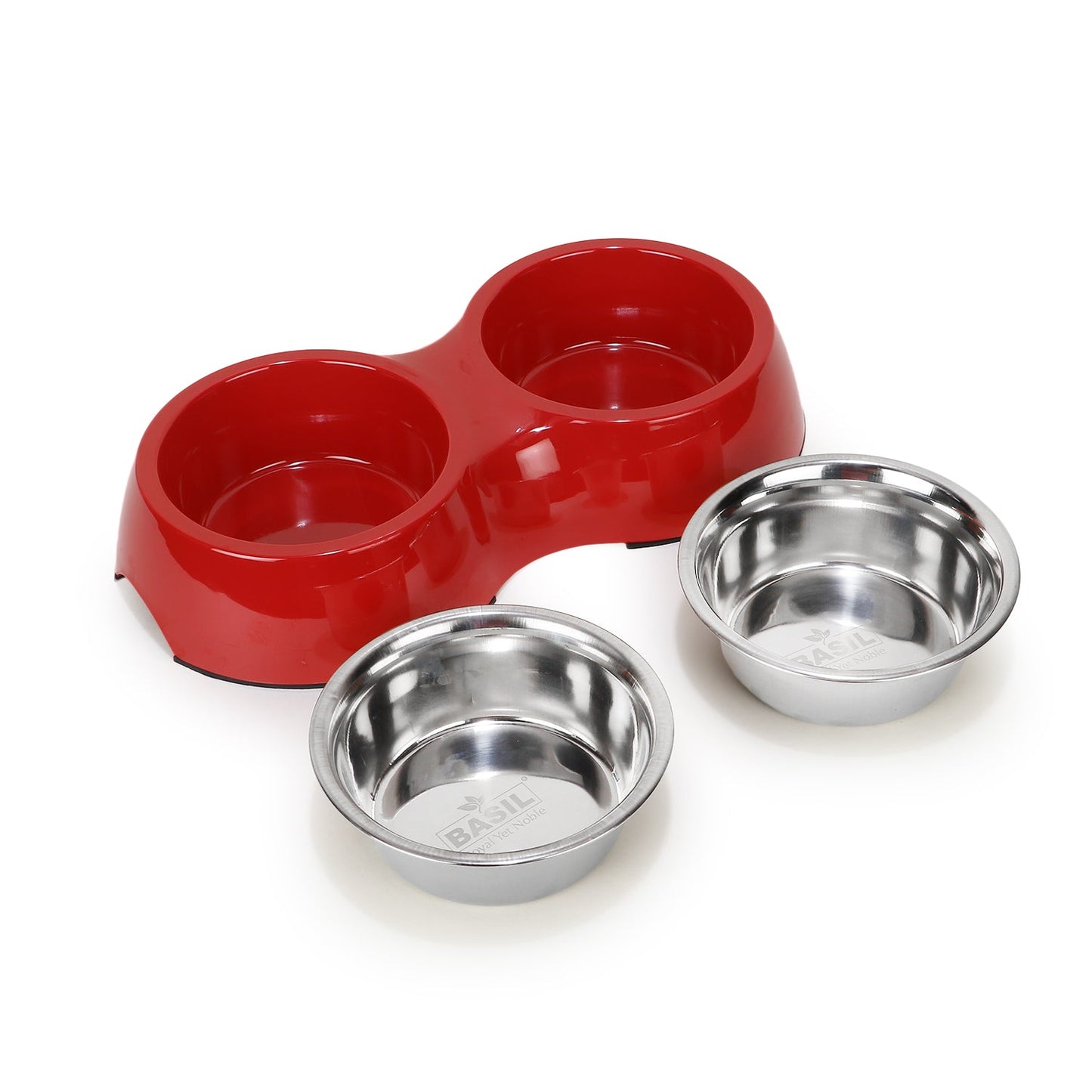 BASIL Melamine Double Dinner Set Pet Feeding Bowls for food and water (Red)