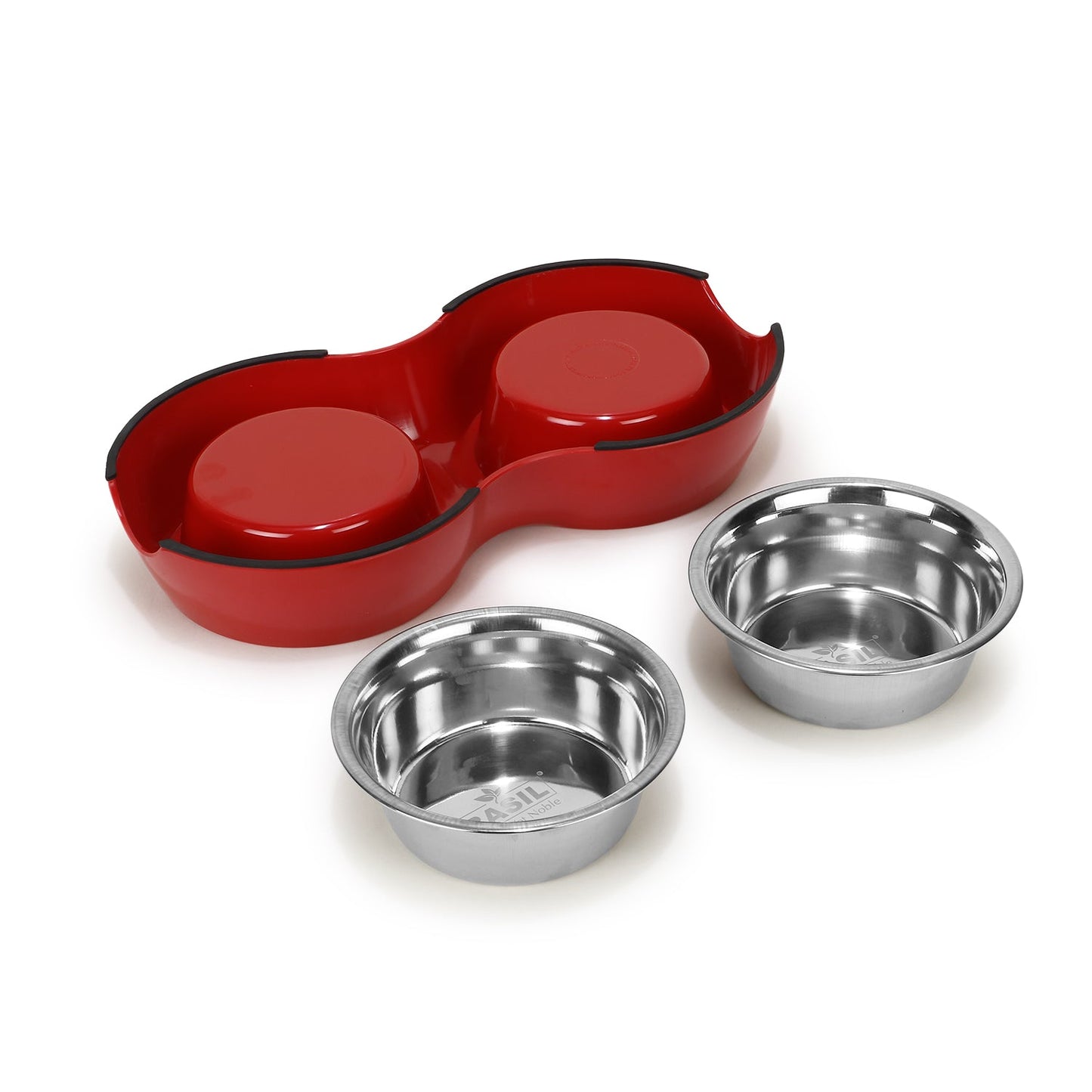 BASIL Melamine Double Dinner Set Pet Feeding Bowls for food and water (Red)