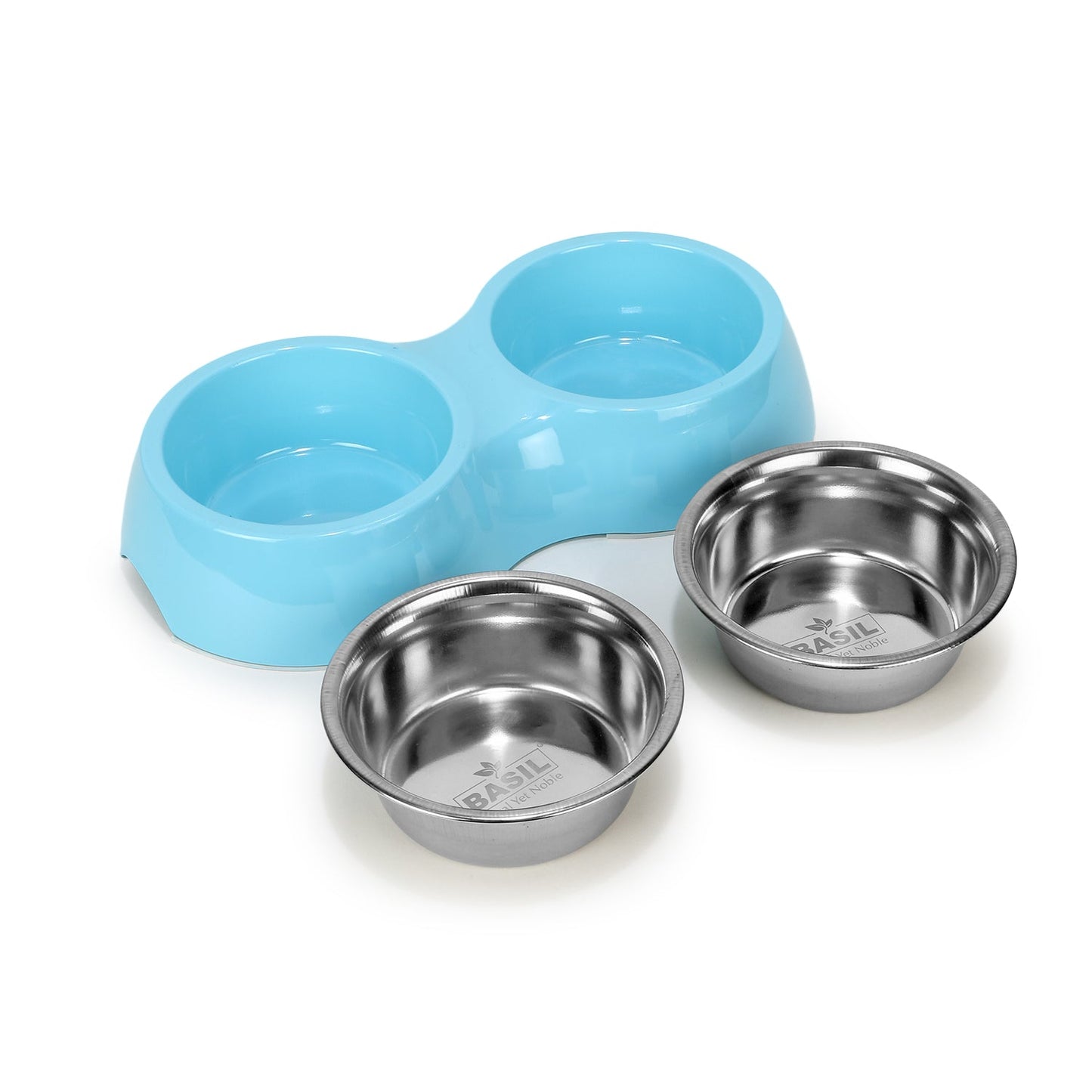 BASIL Melamine Double Dinner Set Pet Feeding Bowls for food and water (Blue)