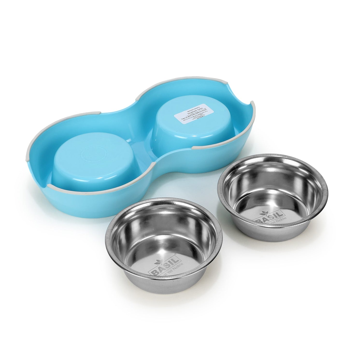 BASIL Melamine Double Dinner Set Pet Feeding Bowls for food and water (Blue)