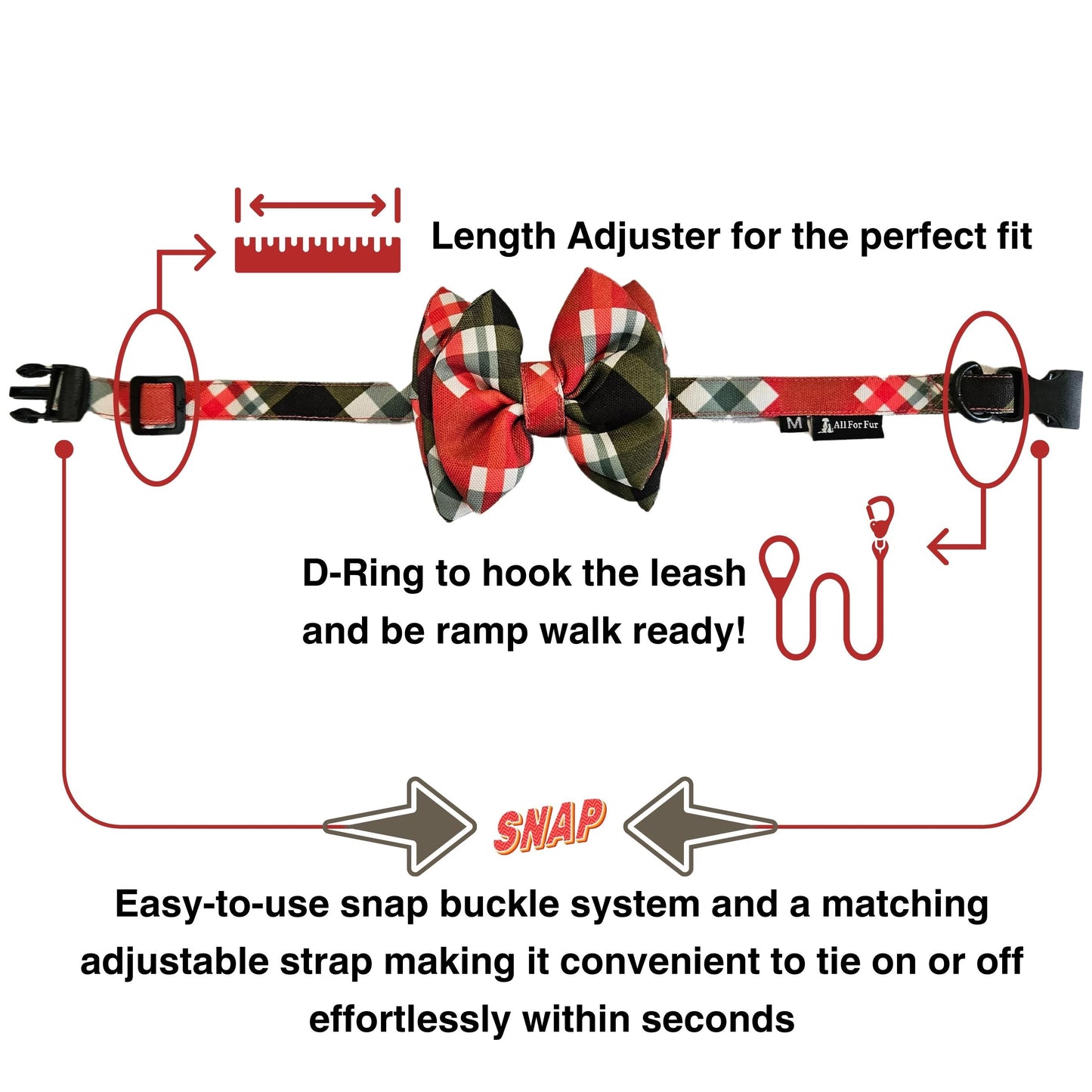 Red Christmas Checks Bow Tie | Snap-Buckle Closure | D-Ring Attachment