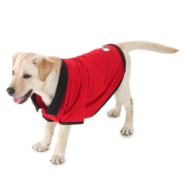 cute dog wearing red & black polo t-shirt designed by Barks & Wags