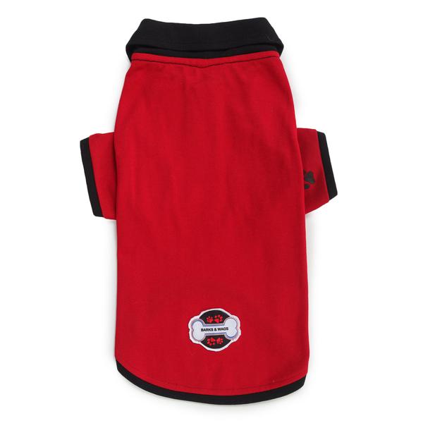 backside of red & black polo t-shirts for dogs