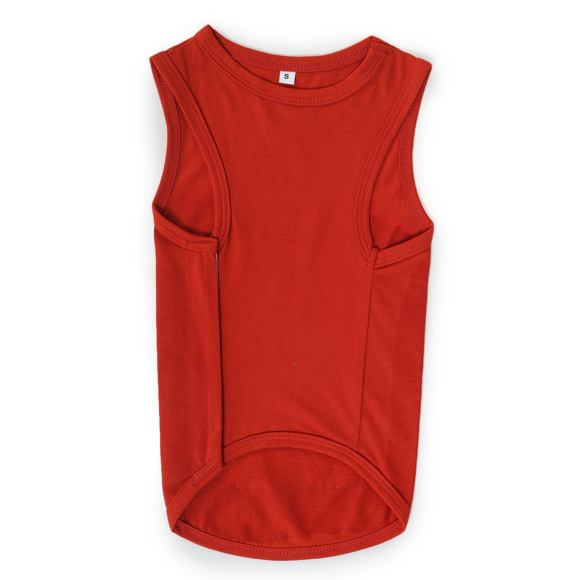 back side of red-coloured sleeveless t-shirt for dogs